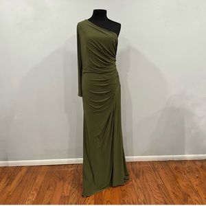 Mac Duggal 26505 Stretch Jersey One Sleeve Gathered Waist Gown Olive Green 14.